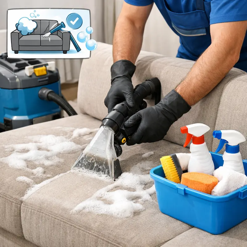 Mersin koltuk yıkama hizmeti sırasında profesyonel makine ile yerinde koltuk temizliği yapan personel