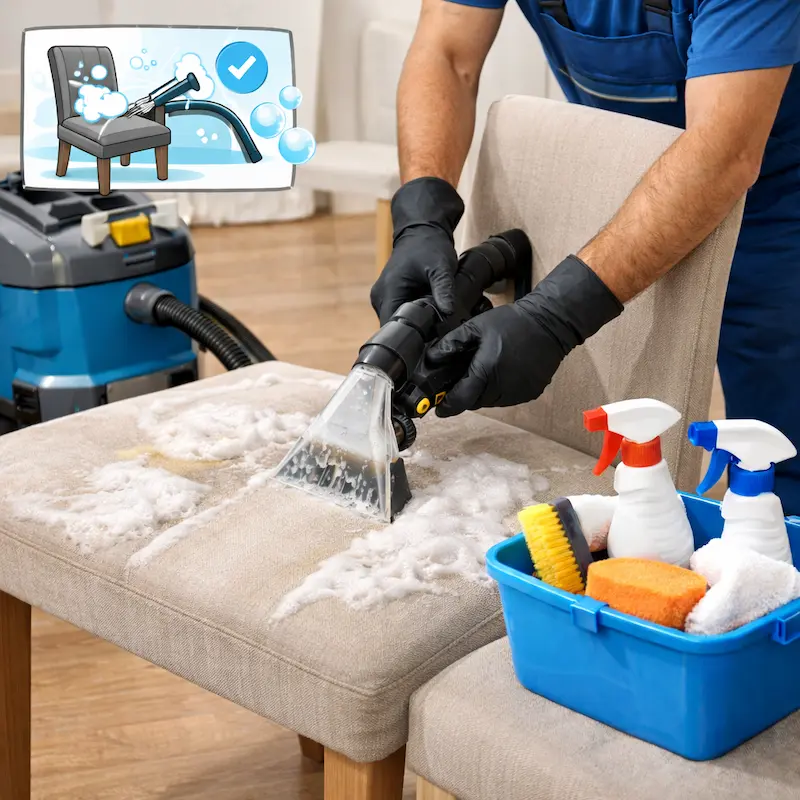 Mersin sandalye yıkama hizmeti sırasında kumaş sandalyenin profesyonel makine ile temizlenmesi